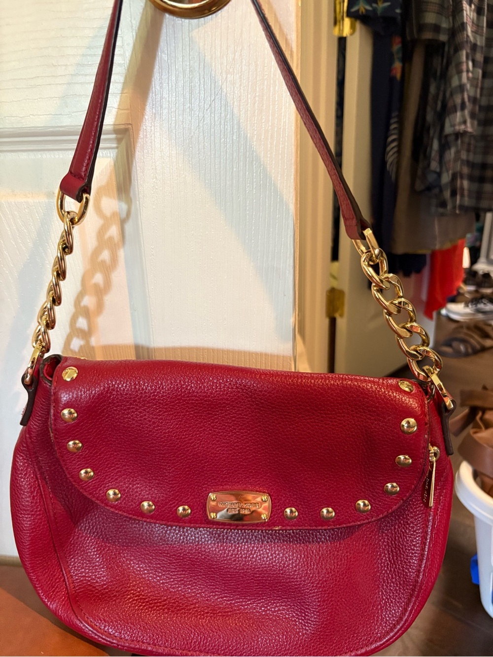 Michael Kors Red Leather Shoulder Bag with Gold Studs and Chain Strap